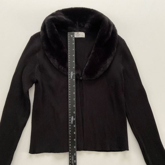 H&M Girls Ribbed Cardigan w/Faux Fur Collar Sz 20 Black Y2K Parisian Style Chic - Picture 4 of 9